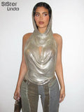 Summer Backless Hood Sleeveless Women 2 Piece Set Sexy Fashion PU Material Ladies Tops Beach Party Casual