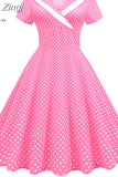 Women Summer Pink Polka Dot Party Dress Short Sleeve Sailor Collar Elegant Casual Vintage A-line Midi