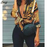 Spring Women Elegant Party Loose Button Shirt Turn-down Collar Female Leopard Print Knot Front Long Sleeve