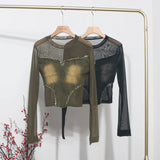 Real Shooting Hottie Water Wash Side Of The Cowboy Splicing Mesh Yarn Long Sleeve Blouse Short High-Waisted T-Shirt