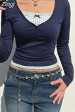 Y2K Vintage Korean Long Sleeve Tee Shirts Slim Lace Patched Basic Cute Female T shirt Bow Casual Crop Tops