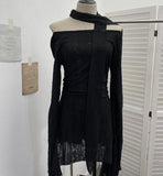 Dark Waste Soil Wind Makes The Old Hole Hanging Shoulder Hanging With Long Sleeves Irregularly Open Fork T-Shirt Skirt