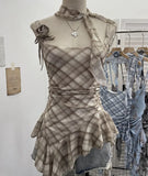 Real Shooting Retro Tie-Dye-Print Mesh Sling Sling Sling Vest Irregular Lotus Leaf Edge Ribbon Sleeveless Top