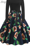 Christmas Dresses Women 50S 60S Vintage Robe Swing Pinup Elegant Party Dress Long Sleeve Casual Print