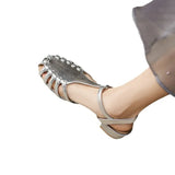 Leather Woven Hollow Out Thick Heel Sandal Female Summer New Retro Round-Shaped Low Heel Cage