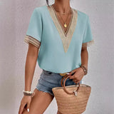 Women's Dress V-Neck Lace Loose Top Commuter Short-Sleeved Shirt Women Splicing