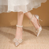 Shoes Women's Pearl Straps High-End Squint Crystal Shoes Silver French High Heels High Heels Do Not Tired Wedding