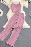 Sexy Striped 2Pcs Set Elegant Single Breasted Strap Camis Tops + High Waist Pants Casual Two Pieces Suits Female New