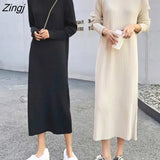 Women Long Sleeve Dresses Midi Dress Elegant Ribbed O-neck Straight Korean Style Trendy Simple High Elasticity All-match