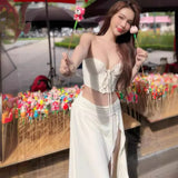 Zingj Summer New Sexy Crop Wrapped Chest Strap Vest Pleated Low Waist Slit Skirt