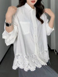 Design Lace Spliced White Shirt Women's Spring And Autumn And Winter Fat Mm Loose Thin Inside Stacked