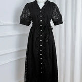 High-End Temperament Dress 2025 Summer Fashion Strap To Waist Single Buckle Embroidery Mesh Long Dress