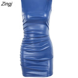 Sexy Leather Ruched Mini Dress O-Neck Solid Color Vest Wrap Skirt Slim Evening Dress Half High Collar Bodycon