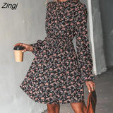 PETAL Round Neck A-Line Mini Dress For Woman Ditsy Floral Sexy Long Sleeve Party Dress 2023 Spring Autumn Female