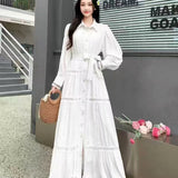 High-End Retro Collar Single Buckle Lantern Sleeve Dress Women's Hollow Lace To Receive Long Waist