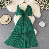 Women Polka Dot Pleated Dress Vintage Green/Red/Yellow Irregular V-Neck Short Sleeve Draped Vestidos Vacation Beach
