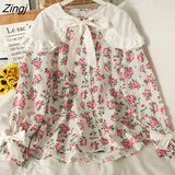 Flower Print Blouse Women Japanese Sweet Peter Pan Collar Long Sleeve Shirt Spring Korean Preppy Style Casual Female