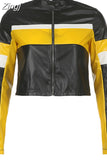 Streetwear Chic Autumn Winter PU Leather Jacket Women Zipper Coat Black White Patchwork Motorcycle Jacket Y2K