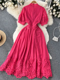 Rose Red/White Lace Hollow Out Party Long Dress Elegant Bow Collar Puff Short Sleeve High Waist A-Line Maxi Vestidos