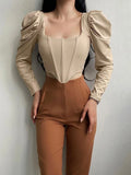 Elegant Women Party Crop Top Square Collar Puff Sleeve Autumn Corset Tops Slim Female Sexy Velevt Cropped Tops
