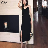 Dress Women Side-slit V-Neck Temperament Elegant Black Spaghetti-strap Sexy Female Vestidos French Retro Stylish