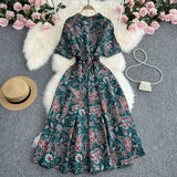 Zingj Summer New Temperament Shirt Dress Female Print Close Waist Over The Knee Big Place Socialite Floral Long Skirt