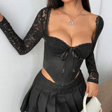 Sexy Waist Splicing Set-Up In Front Of The Bow Tied With Long-Sleeved Lace Small Coat