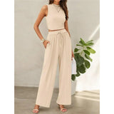 Summer Knitting Casual Suit Sleeveless Round Collar Short Repair Body Broad Leg Pants Two