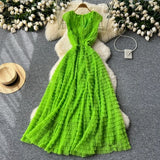 Famous French High-End Women V Lead Heavy Industry Folding Net Yarn Waist Fluffy Cake Dress