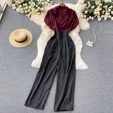 Lady Notched Collar Patchwork Romper Women Elegant Short Sleeve High Waist Wide Leg Playsuits Female Summer OL