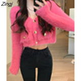 Winter Fur Knitted Cardigan Women Pure Color Button Long Sleeve Y2k Crop Tops Office Lady Chic Korean Fashion Sweater