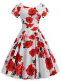 Floral Print Elegant A-line Party Dress Women Slim White Short Sleeve Swing Pin up Vintage Dresses Robe