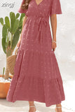 Maxi Dress Women Elegant Jacquard Sundress Female Boho Beach Green Long Dress Loose Retro Short Sleeve