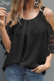 Shoulder Lace Blouse Women Summer Tops 2023 Hollow Out Half Sleeve White Black Blouses O-Neck Solid Loose 5XL Clothes