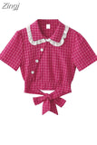 Plaid Shirt Kawaii Peter Pan Collar Preppy Style Women's Blouses Sweet Short Sleeve Bow Tops 2023 Summer Fashion