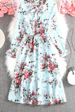 Women Shirt Dress Casual Spring Autumn Vintage Floral Print Bow Long Sleeve Elegant Office A-line Midi Dress