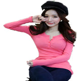 Zingj 2024 Buttons And Thread Solid Color Long Sleeve T-Shirt Women's Slim Korean New Top Bottom Shirt Outside The