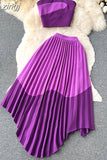 Women Sexy Pleated Two Piece Set Vacation Beach Hit Color Strapless Tops Camis + High Waist Irregular Draped Skirt