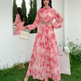 Light Luxury Temperament Dress Female High-End Feel Strapped Waist Three-Dimensional Flower Lantern Sleeve Print