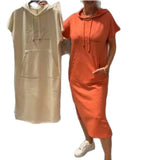 New Casual Solid-Colored Short-Sleeved Pocket Hooded Dress Women's