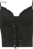 Mall Goth V Neck Strap Corset Top Fashion Lace Up Punk Style Crop Top Ruffles Slim Summer Tops Female Gothic