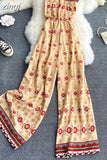 Bohemian Women Printed Jumpsuits Female Sexy Slash Neck Off Shoulder High Waist Wide Leg Loose Romper Vacation Beach