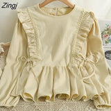 Ruffles Corduroy Blouse Women New Korean Style Sweet Lace Up Kawaii Shirts Autumn Elegant Office Long Sleeve Ladies