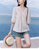 Atmosphere Age Reduction V-Neck Short-Sleeved Shirt Woman 2025 Summer New Commute Fashion Temperament