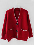 Temperament V-Neck Long-Sleeved Open-Shirted Women's Sweater Bump-Colored Bag Side With Pocket Casual