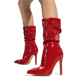 Of Pointed Thin Heel Pile Boots Patent Leather Bare Shoes Short Barrel High Heeled Knight Boots 35-42