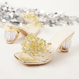 Drill Square Head With High-Heel Slippers Women's New Pearl Transparent With Fashion Cool