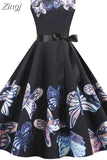 Dress Women Vintage Elegant Party Dress Retro Swing Floral Print Sleeveless Casual Midi Sundress