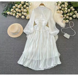 Korean Version Of The Lantern Long Sleeve To Receive The Waist Thin Folded Folded Lily Dress Seaside Long