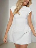 Spring And Summer New Women's Pure Color Round Neck Pocket Design Waist Repair